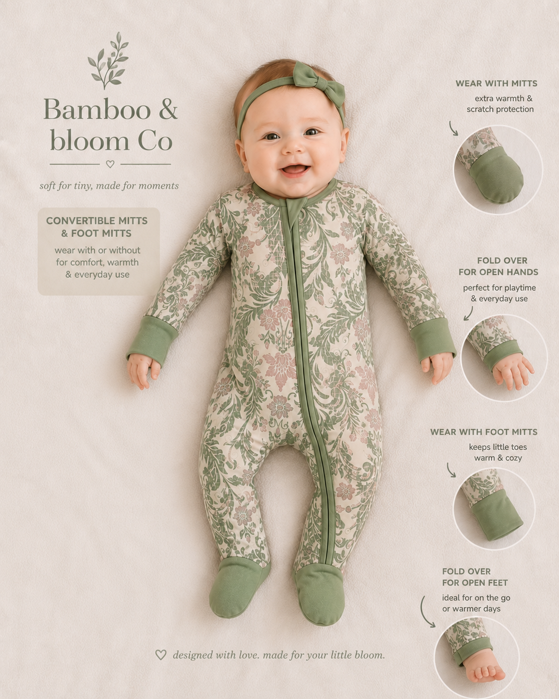 Soft on Skin. Made for Memories.
Our Wildflower Sage Convertible Bamboo Sleeper is thoughtfully designed to grow with your little one while providing buttery-soft comfort for every cuddle, nap, and bedtime.